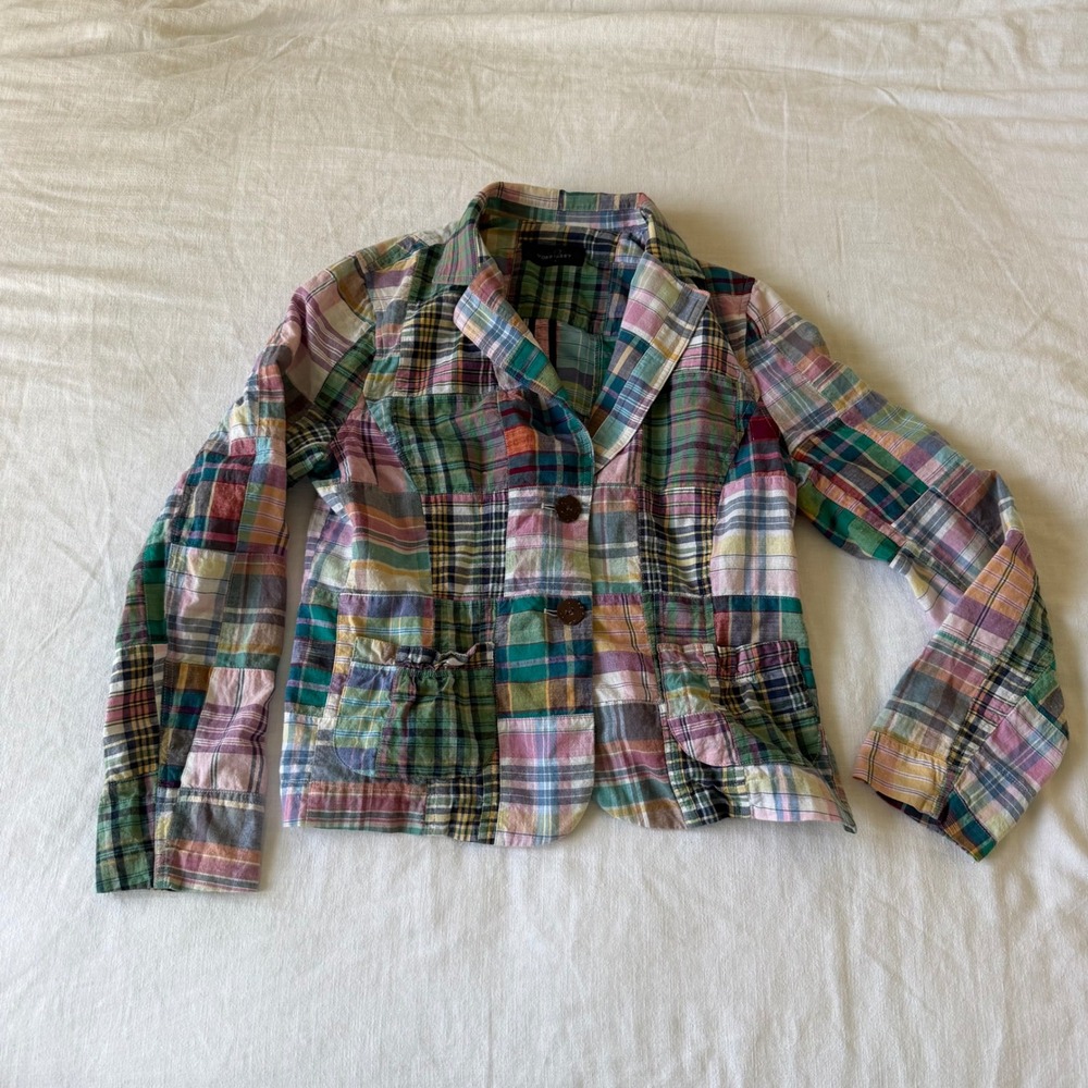 Morrissey Womens Patchwork Plaid Blazer Jacket Multi Color Cotton Sz 10 USA - Picture 4 of 7